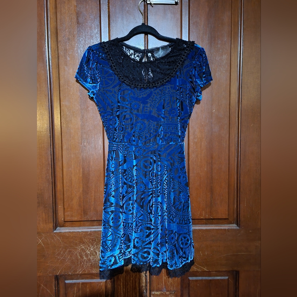 Hot Topic Blue Velvet Burnout Skater Dress